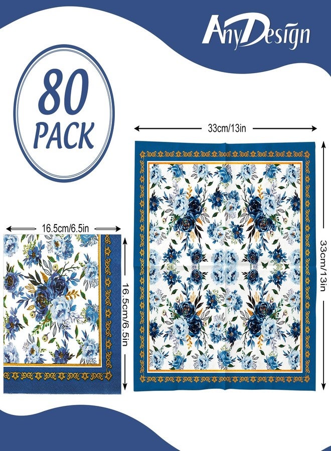 AnyDesign 80 Pack Navy Blue Floral Paper Napkins Blue White Flower Disposable Luncheon Napkins Gold Frame Dessert Dinner Hand Napkin for Home Kitchen Wedding Birthday Baby Shower, 6.5 x 6.5 Inch - Image 2